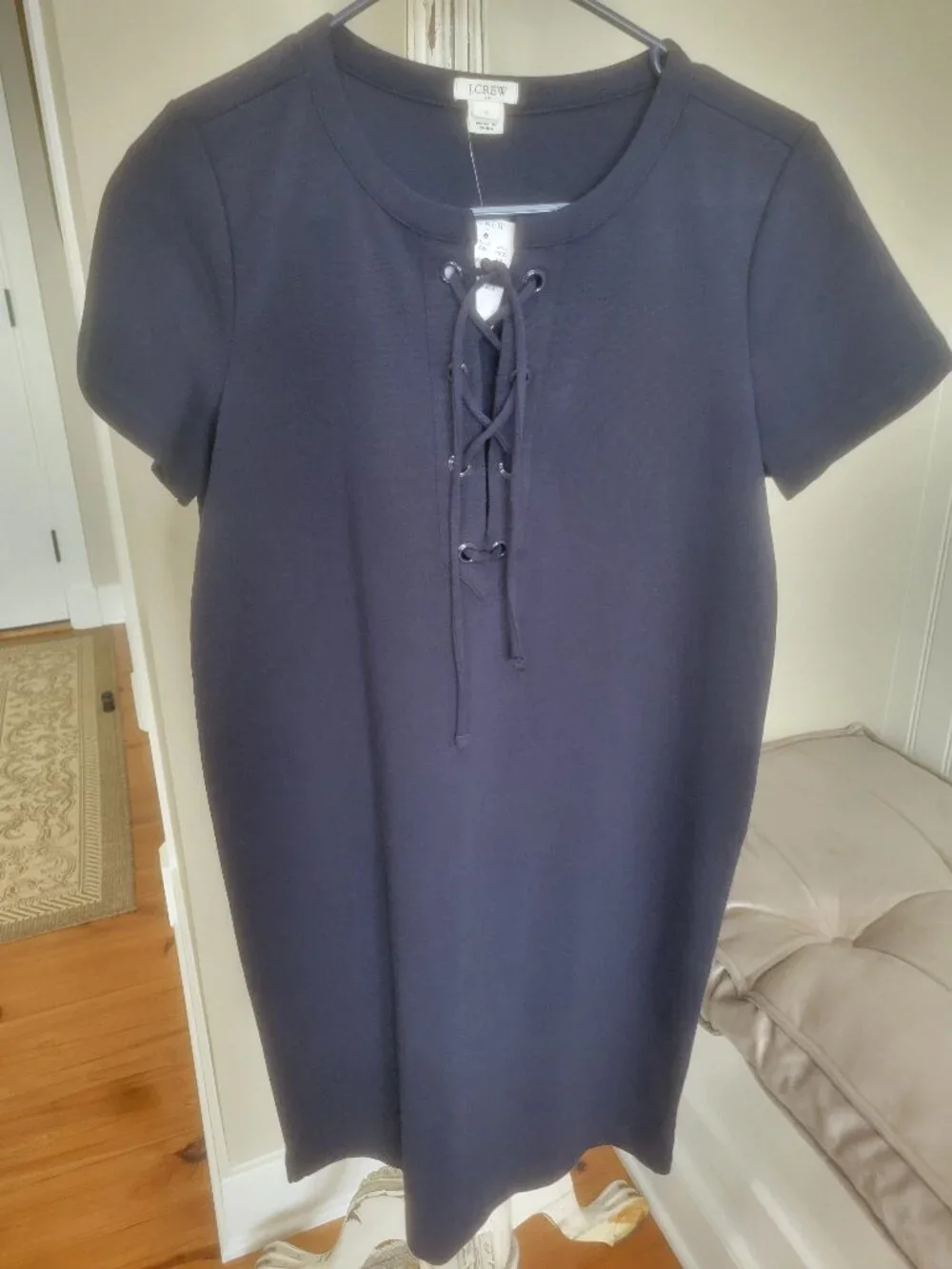 Women's J Crew Size Small Lace-Up Short Sleeve Solid Knit T-Shirt Dress Navy New
